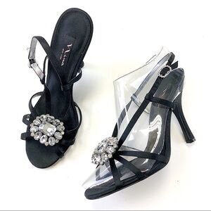 𝅺NINA black satin strappy crystal sandals Size 10